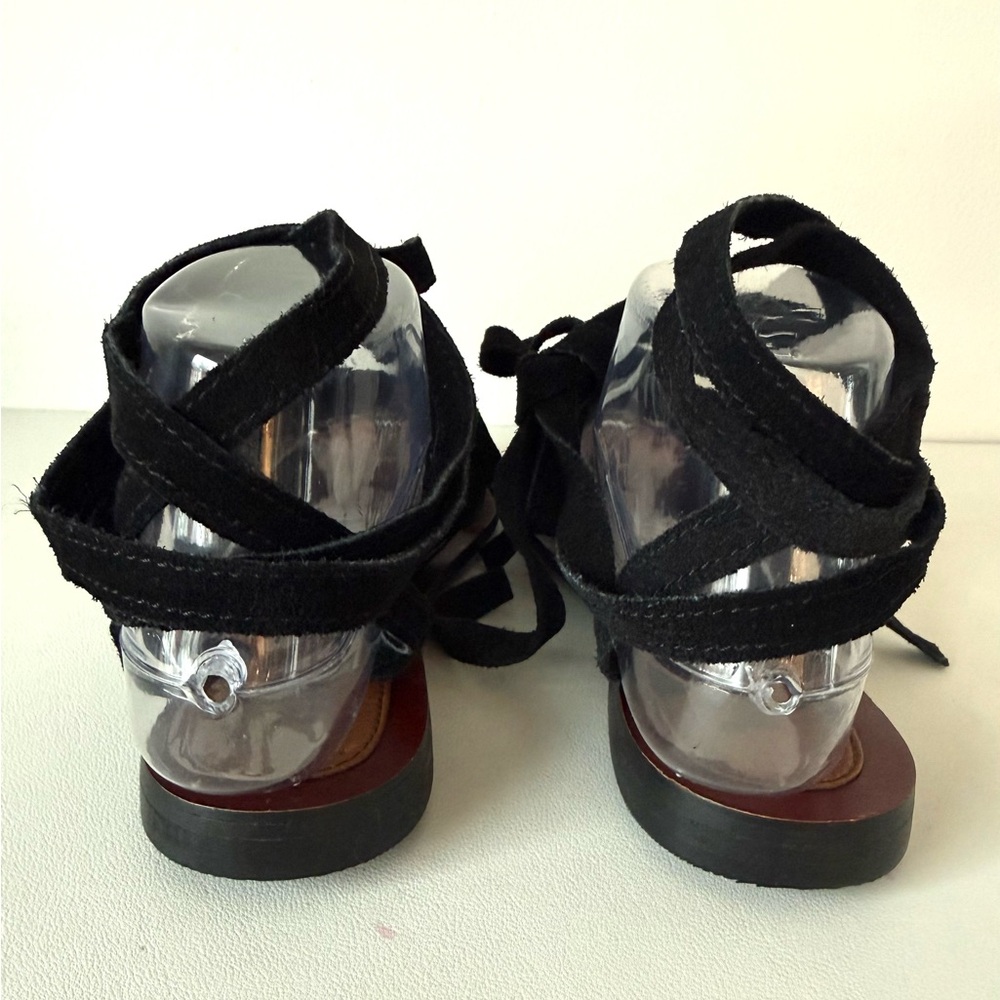Hibou Bohemian Black Suede Ankle Wrap Flat Sandals | Lace-Up Open Toe NWT - Picture 6 of 13